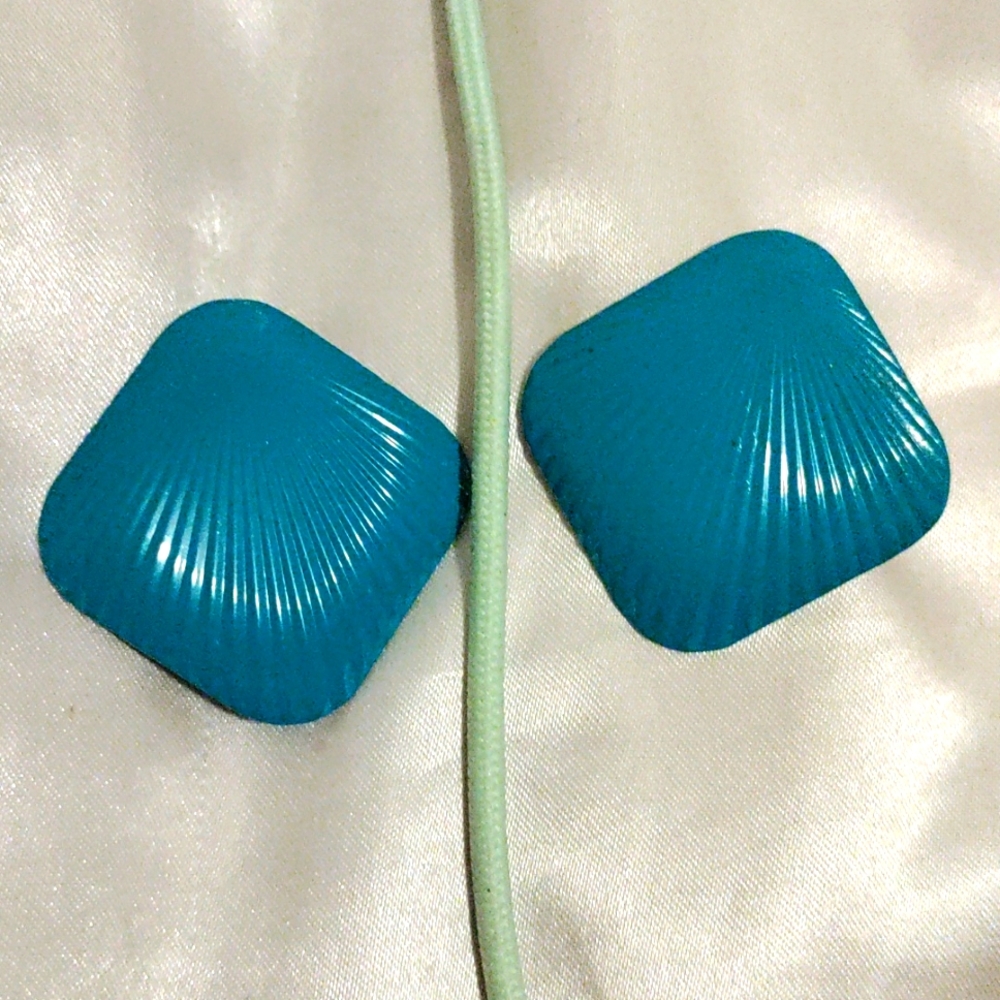 Square Teal Seashell Patterned Metal Earrings - image 1